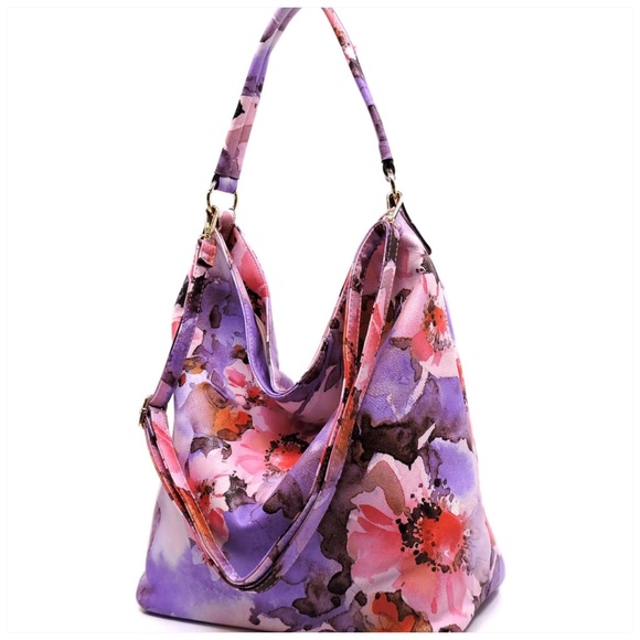 1LEFT Flower Printed Shoulder Bag Hobo Purple - Picture 5 of 7